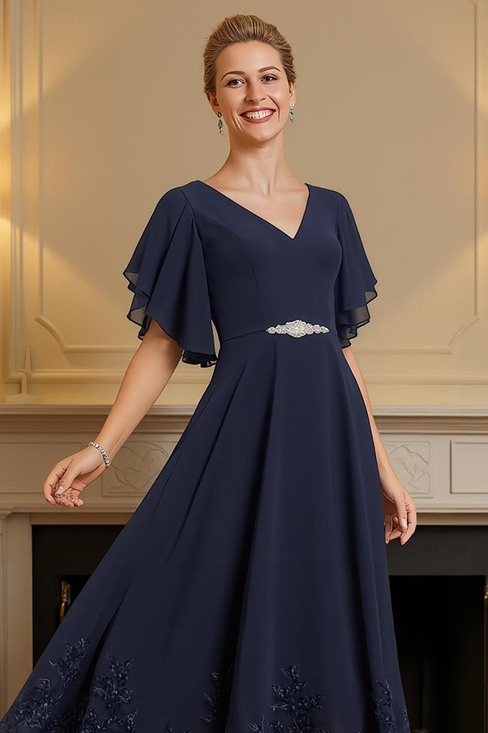 Navy V-Neck A Line Tea-Length Mother of the Bride Dress with Lace