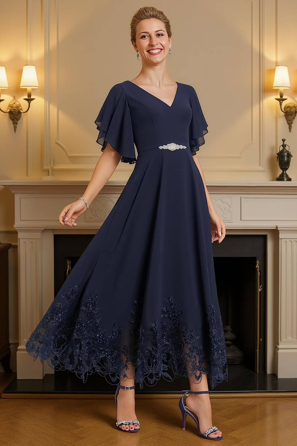 Navy V-Neck A Line Tea-Length Mother of the Bride Dress with Lace