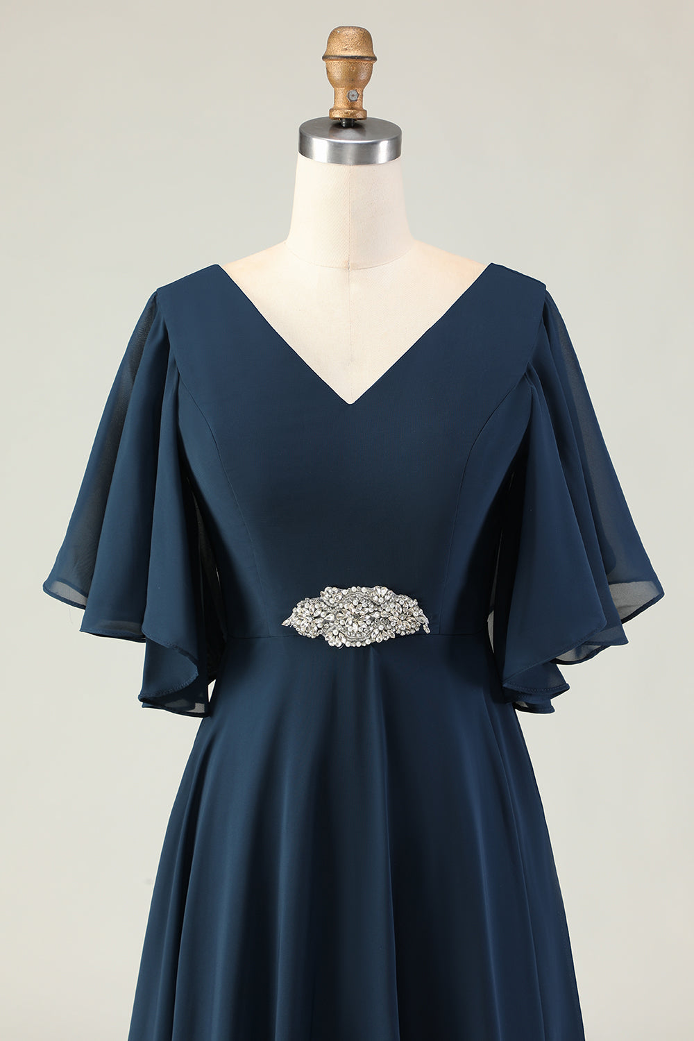 Sparkly Navy V-Neck Long Mother of the Bride Dress with Lace