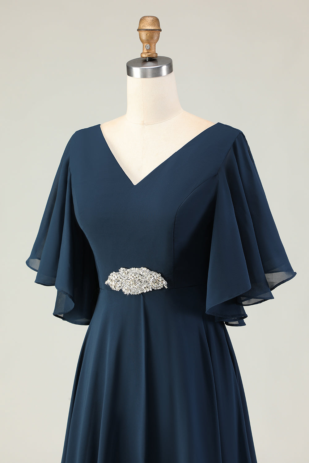 Sparkly Navy V-Neck Long Mother of the Bride Dress with Lace