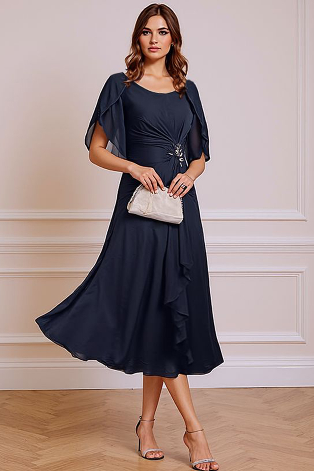 Navy A Line Ruched Boat Neck Tea-Length Mother of the Bride Dress with Ruffles