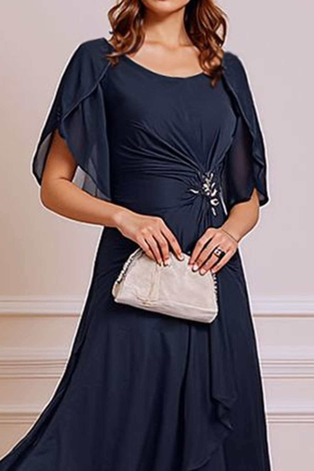 Navy A Line Ruched Boat Neck Tea-Length Mother of the Bride Dress with Ruffles