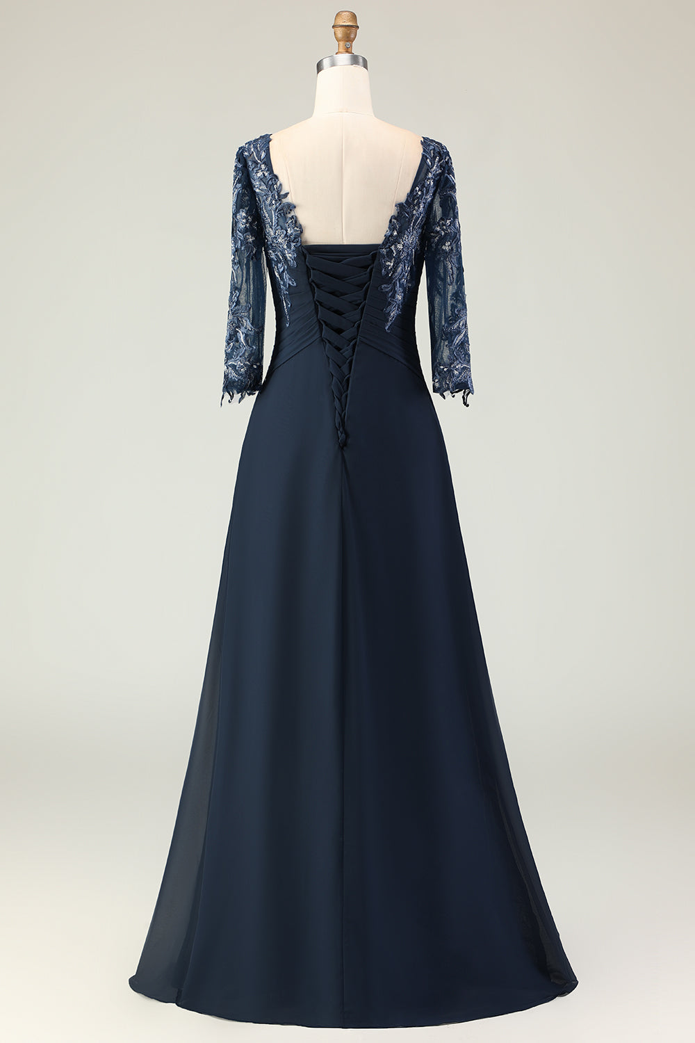 Navy Ruffled Appliqued Boat Neck Long Mother of the Bride Dress