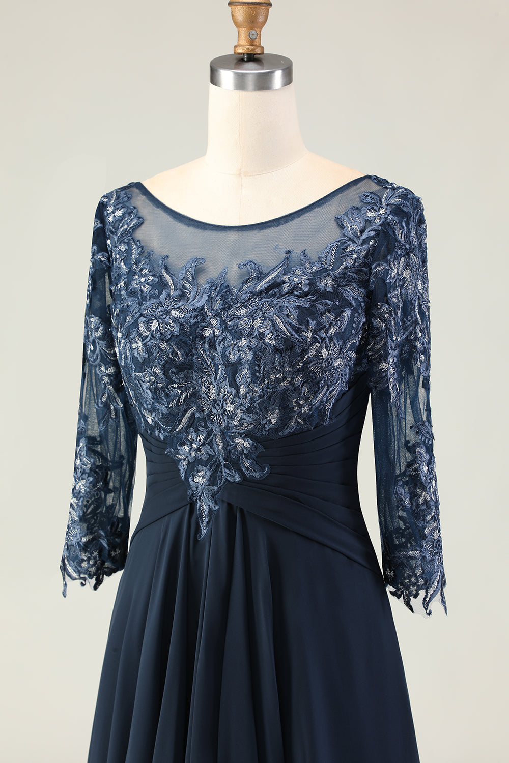 Navy Ruffled Appliqued Boat Neck Long Mother of the Bride Dress