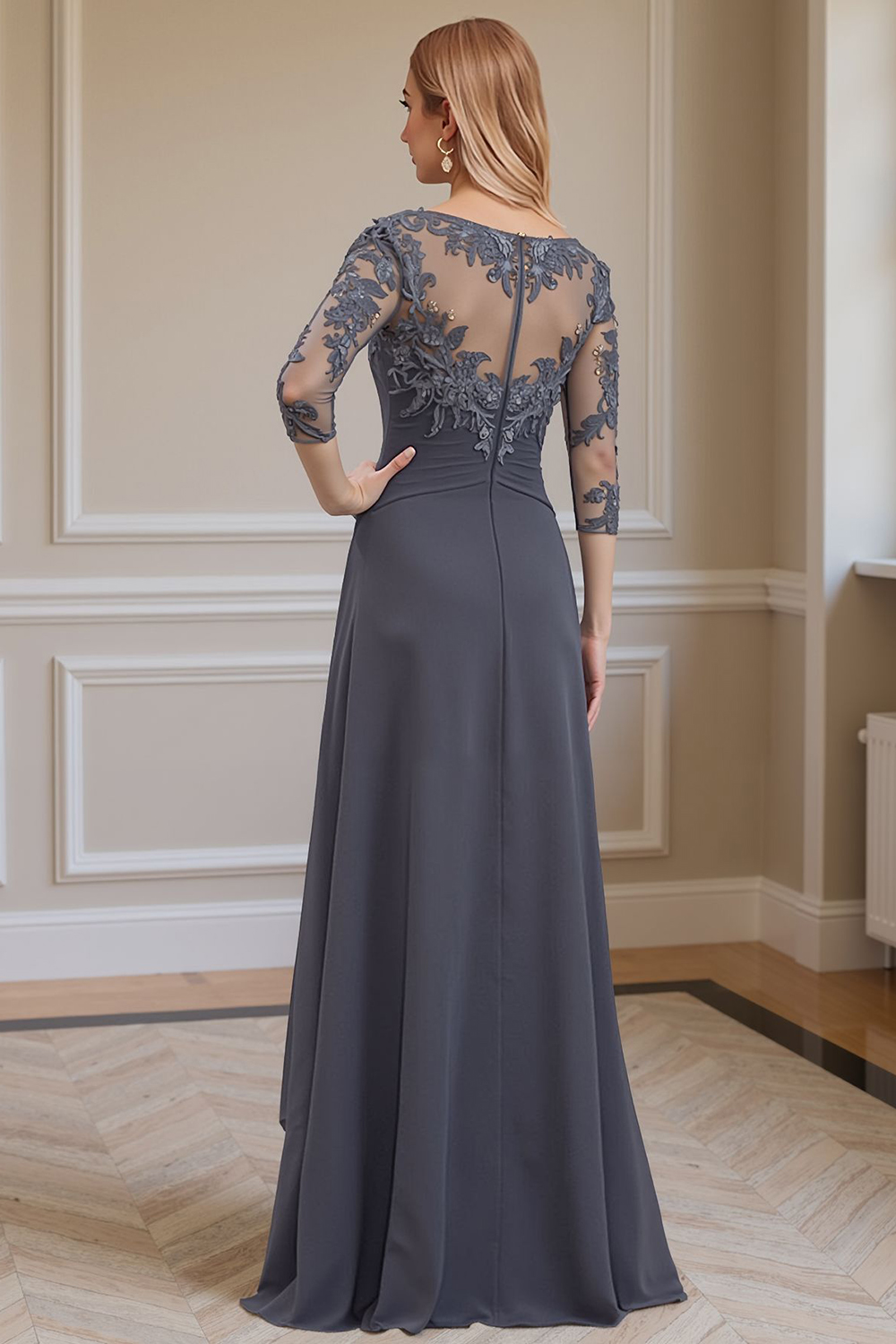 Steel Grey Ruffled A Line Floor-Length Mother of the Bride Dress with Lace