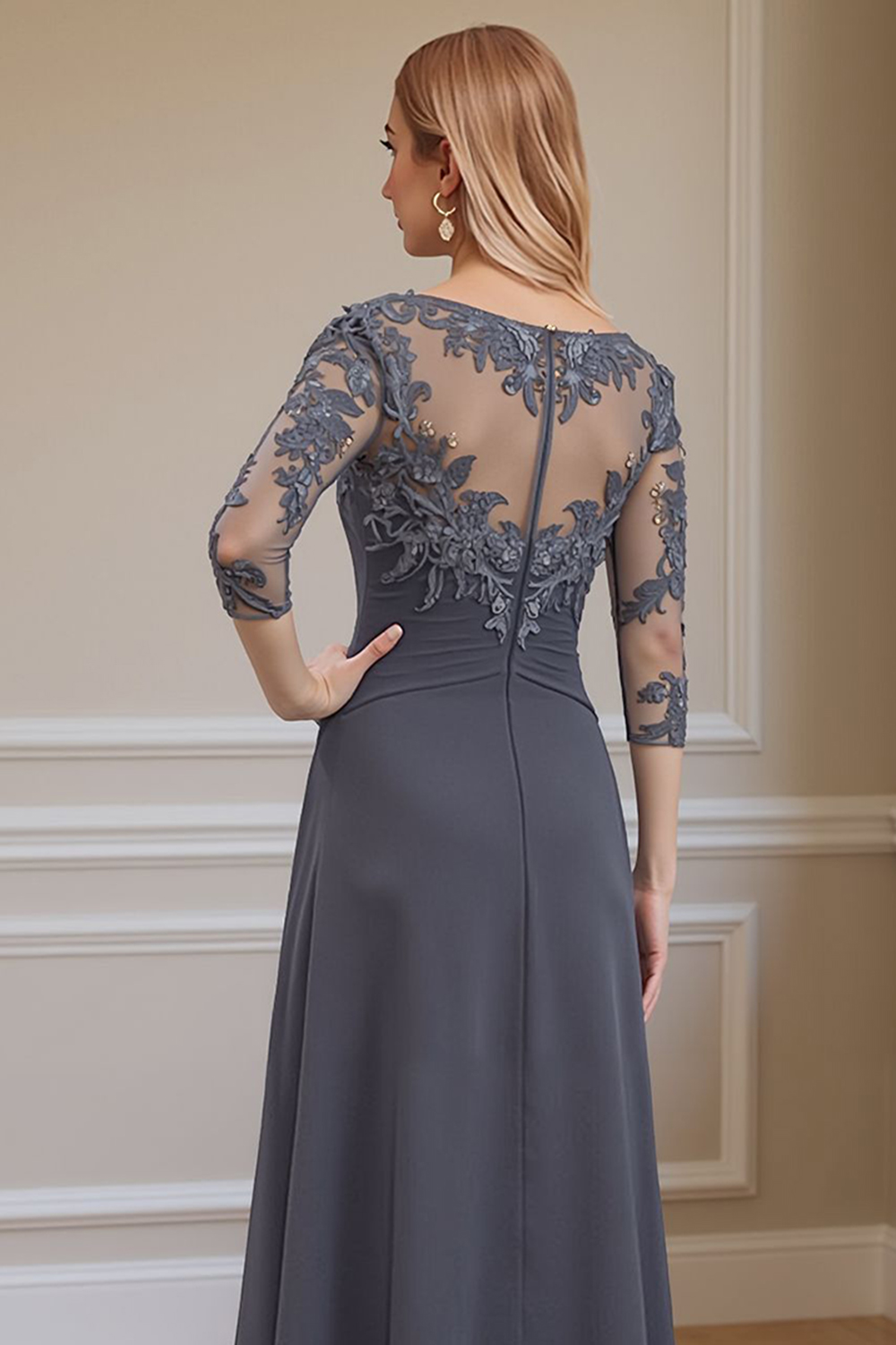 Steel Grey Ruffled A Line Floor-Length Mother of the Bride Dress with Lace