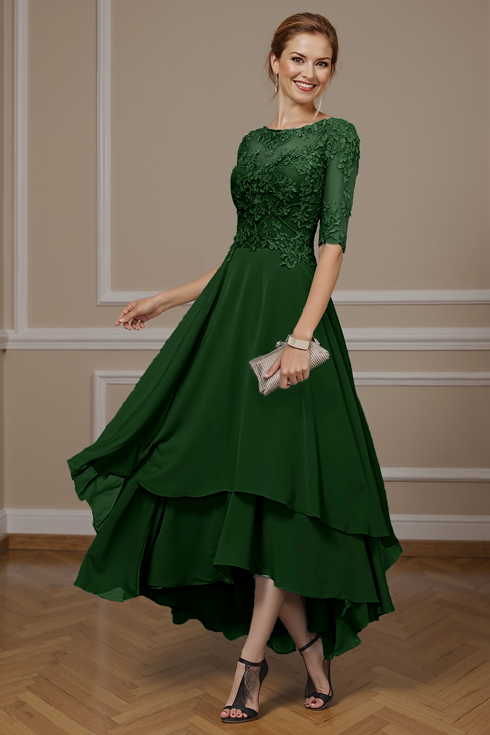 Floral Eucalyptus Ruffled A Line Ankle-Length Mother of the Bride Dress with Lace