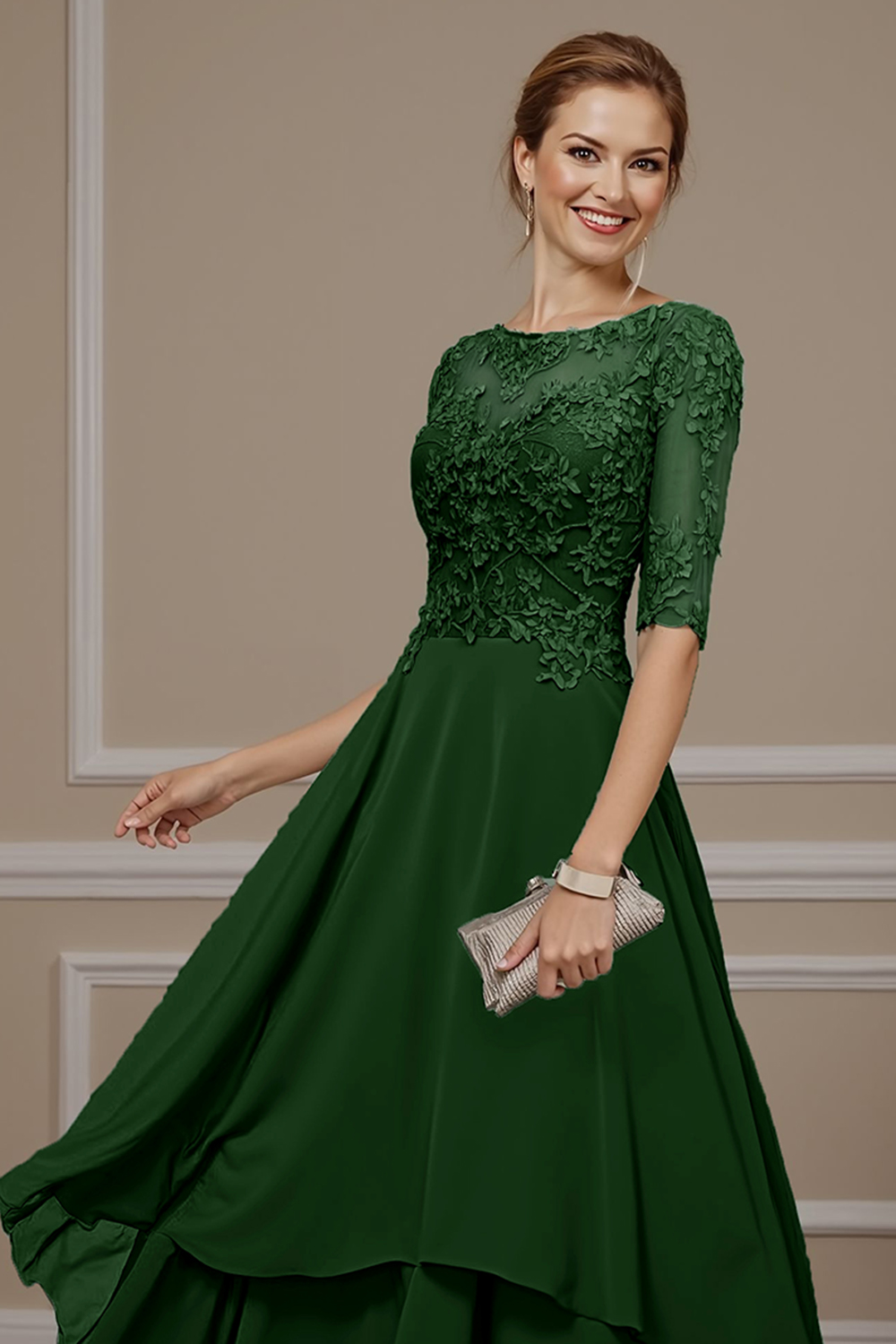 Floral Eucalyptus Ruffled A Line Ankle-Length Mother of the Bride Dress with Lace