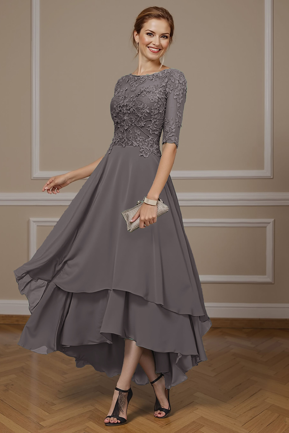 Floral Eucalyptus Ruffled A Line Ankle-Length Mother of the Bride Dress with Lace