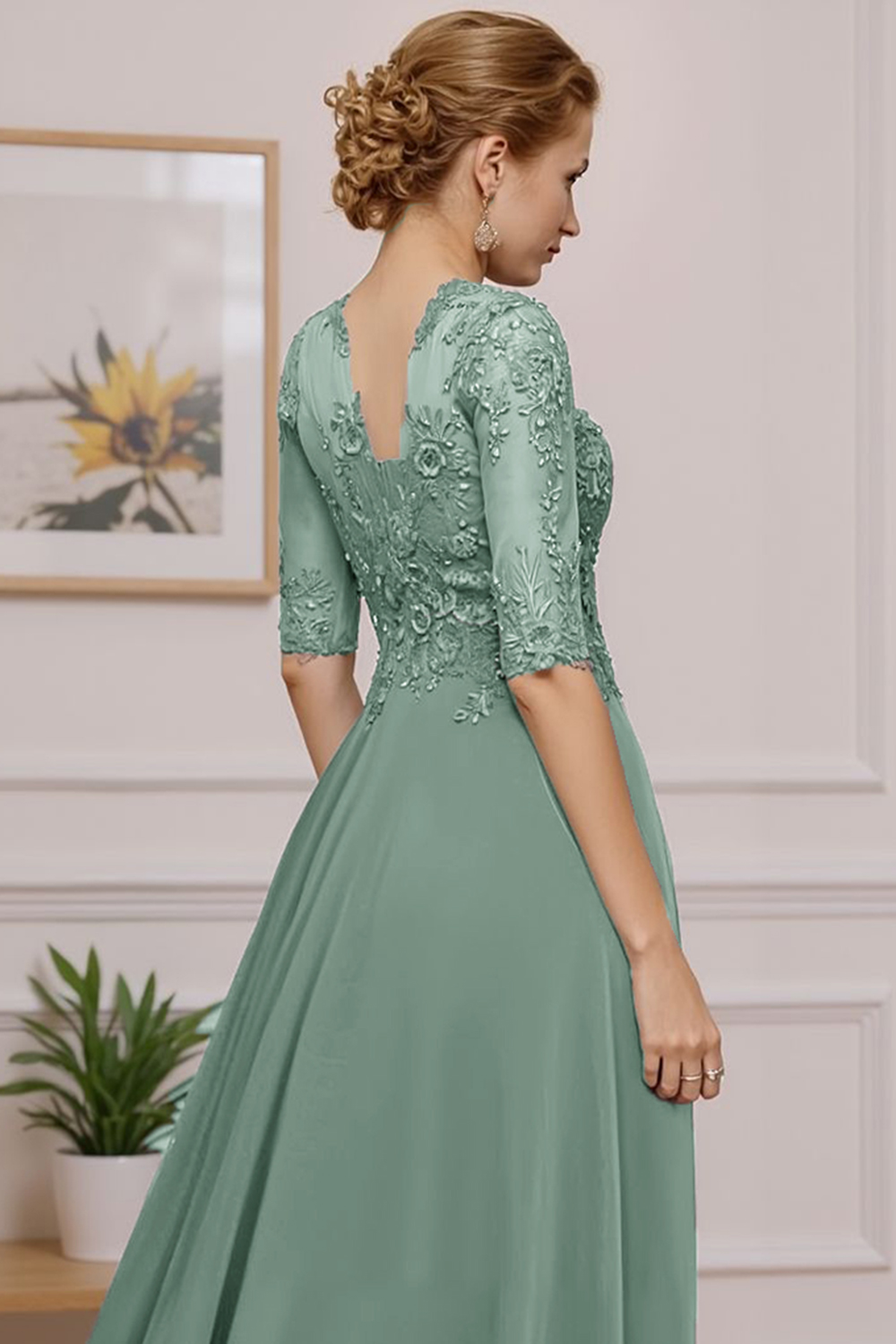 Floral Eucalyptus Ruffled A Line Ankle-Length Mother of the Bride Dress with Lace