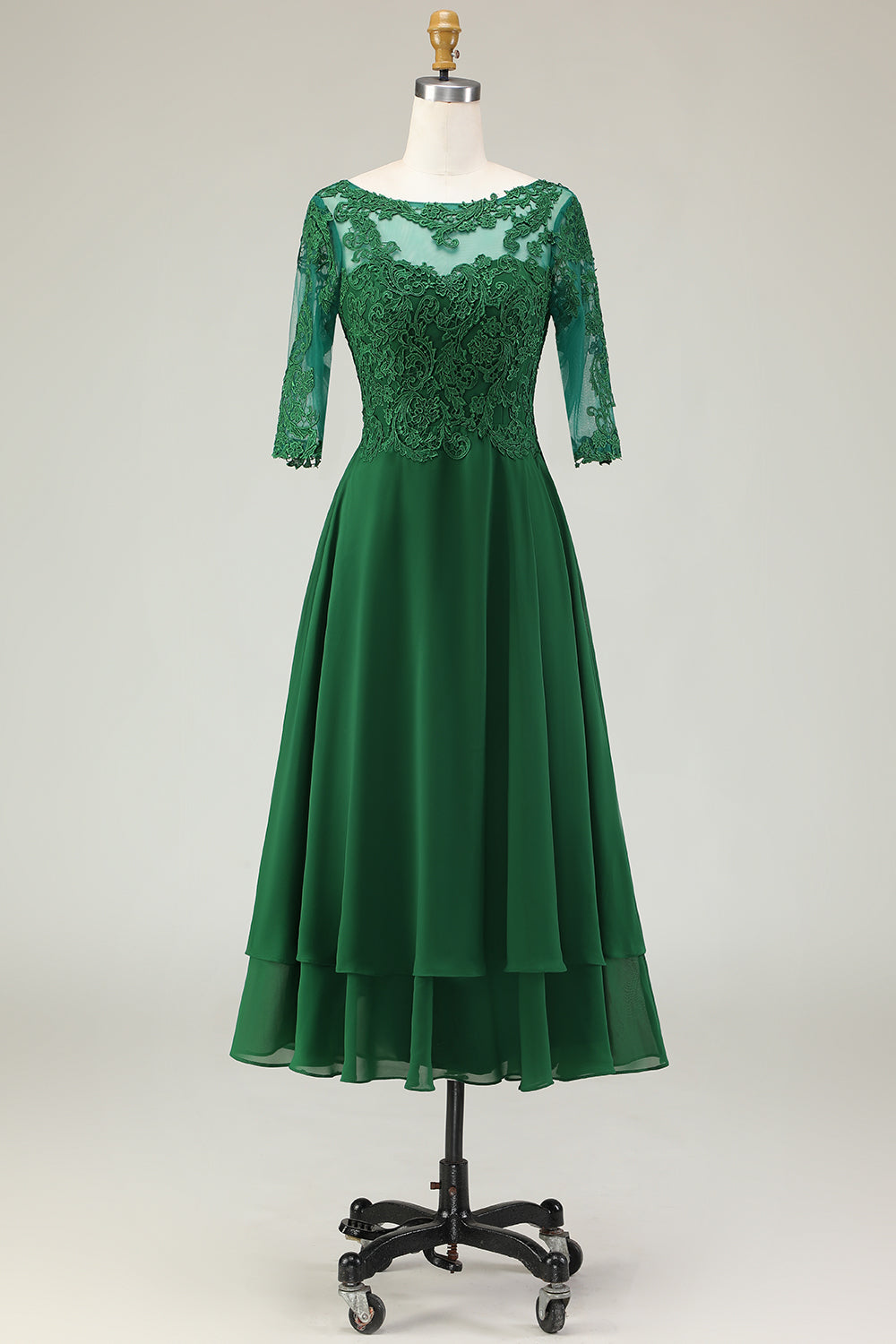 Green Lace Boat Neck Midi Mother of the Bride Dress with Sleeves