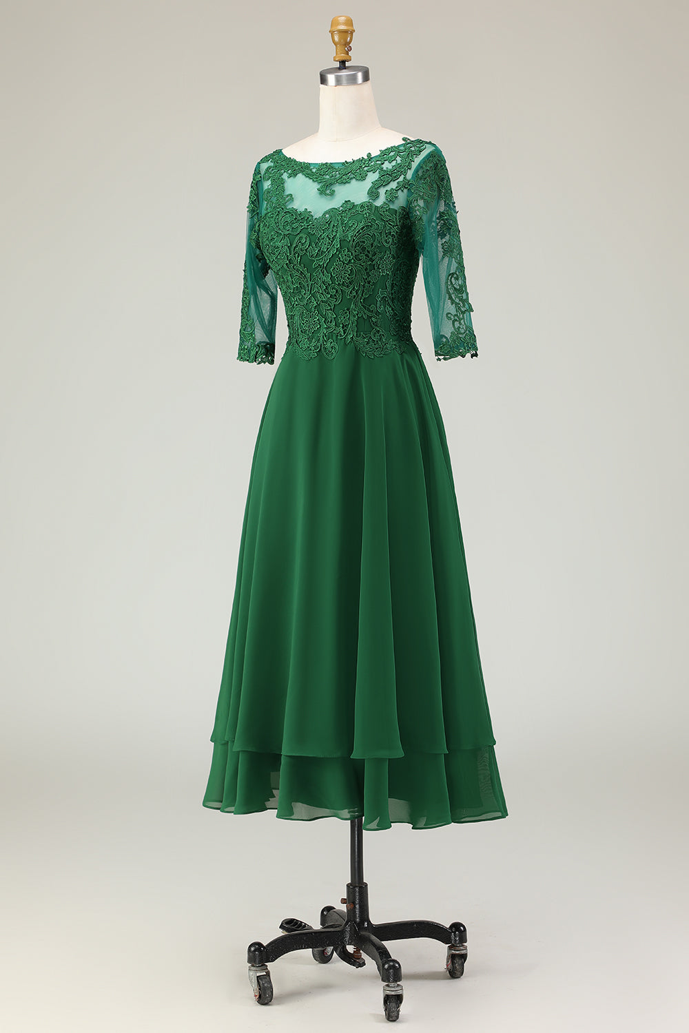 Green Lace Boat Neck Midi Mother of the Bride Dress with Sleeves