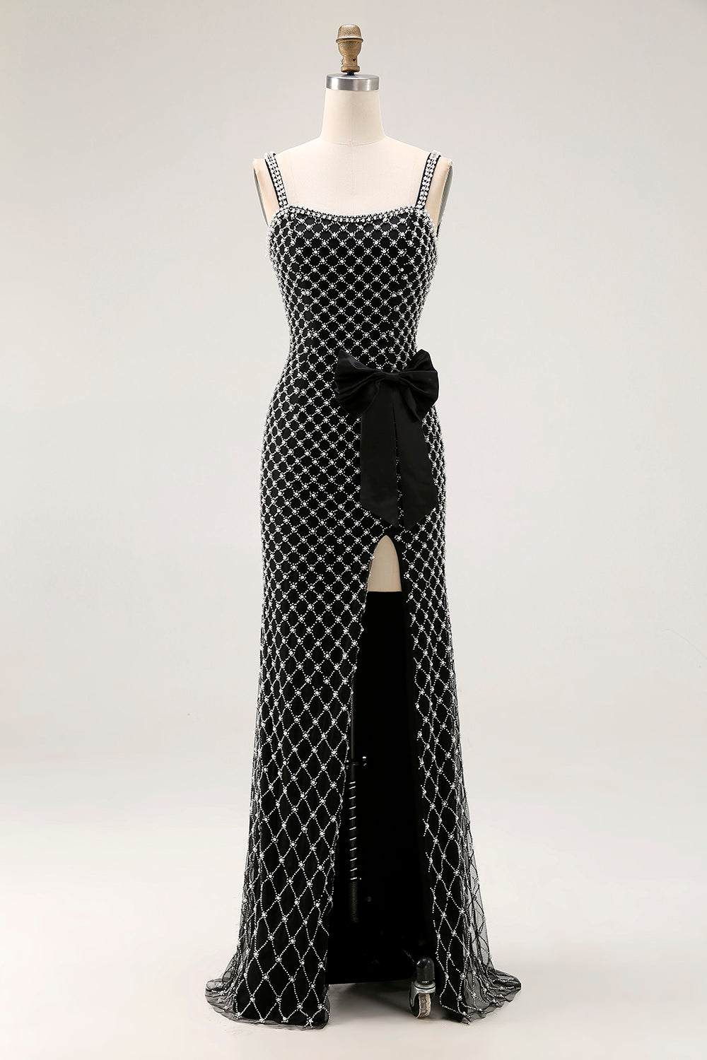 Sparkly White Mermaid Spaghetti Straps Long Prom Dress with Pearls