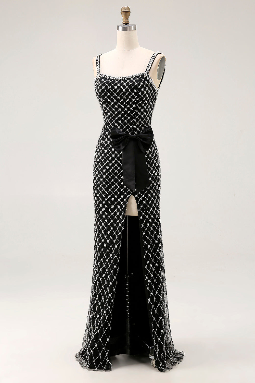 Sparkly White Mermaid Spaghetti Straps Long Prom Dress with Pearls