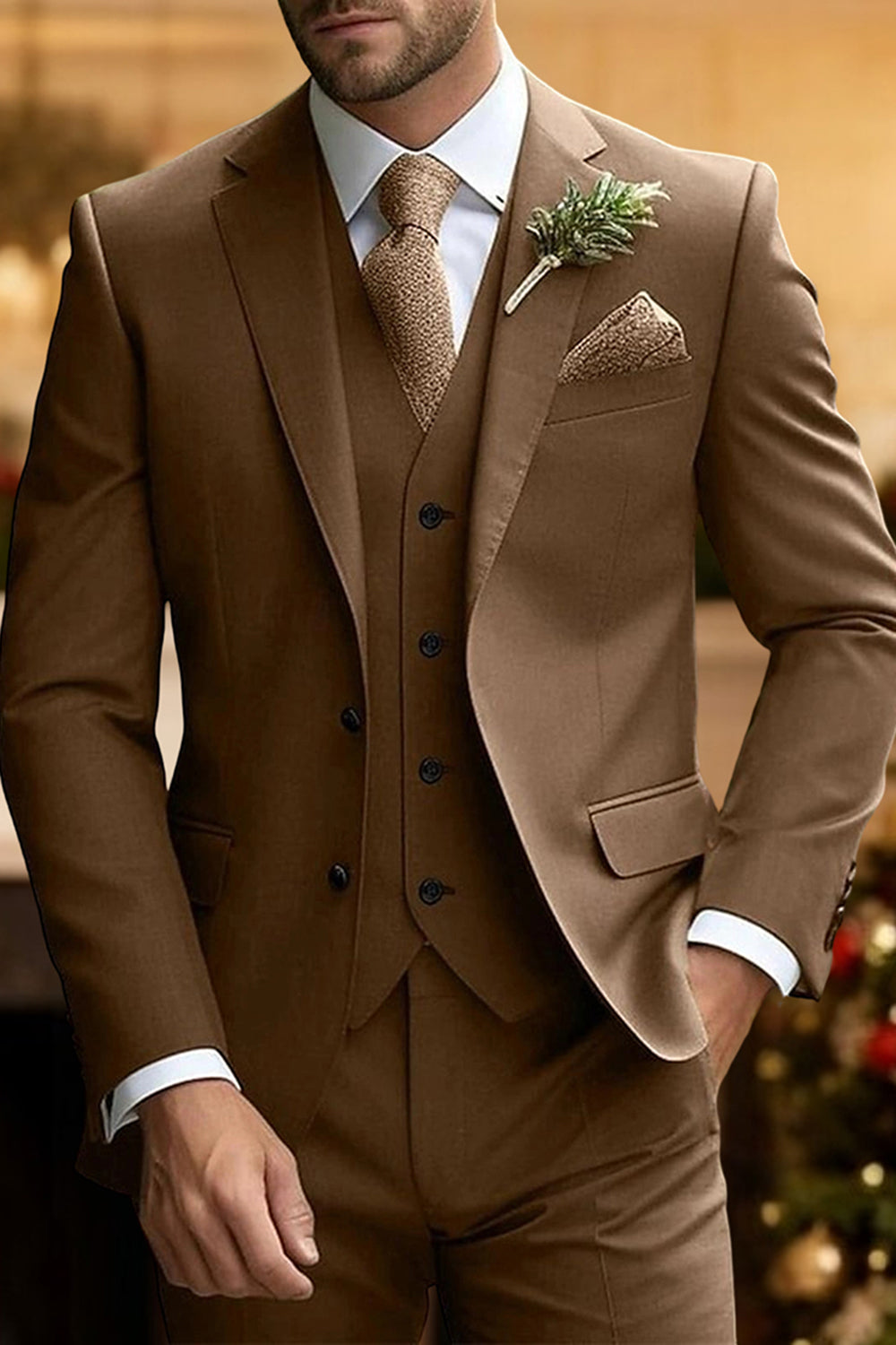3 Piece Brown Notched Lapel Long Sleeves Men Suits