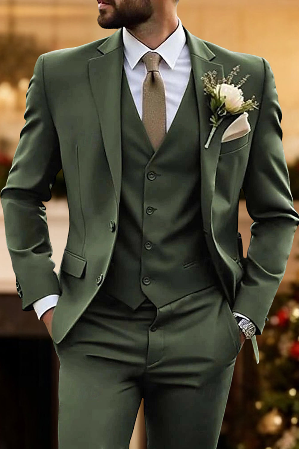 Army Green 3 Piece Single Breasted Homecoming Men Suits