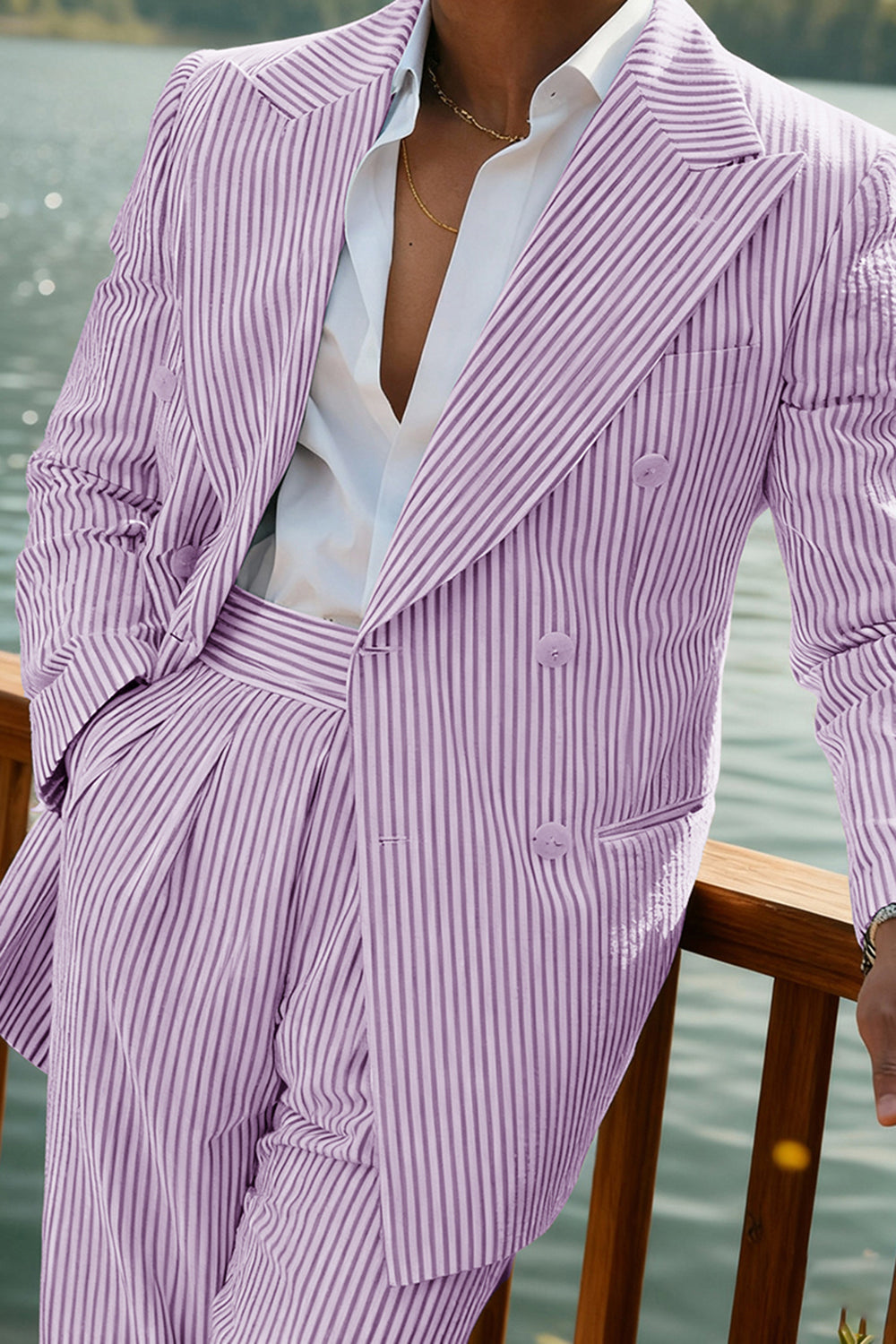 2 Piece Green Stripe Peak Lapel Long Sleeves Men Prom Suits with Pockets