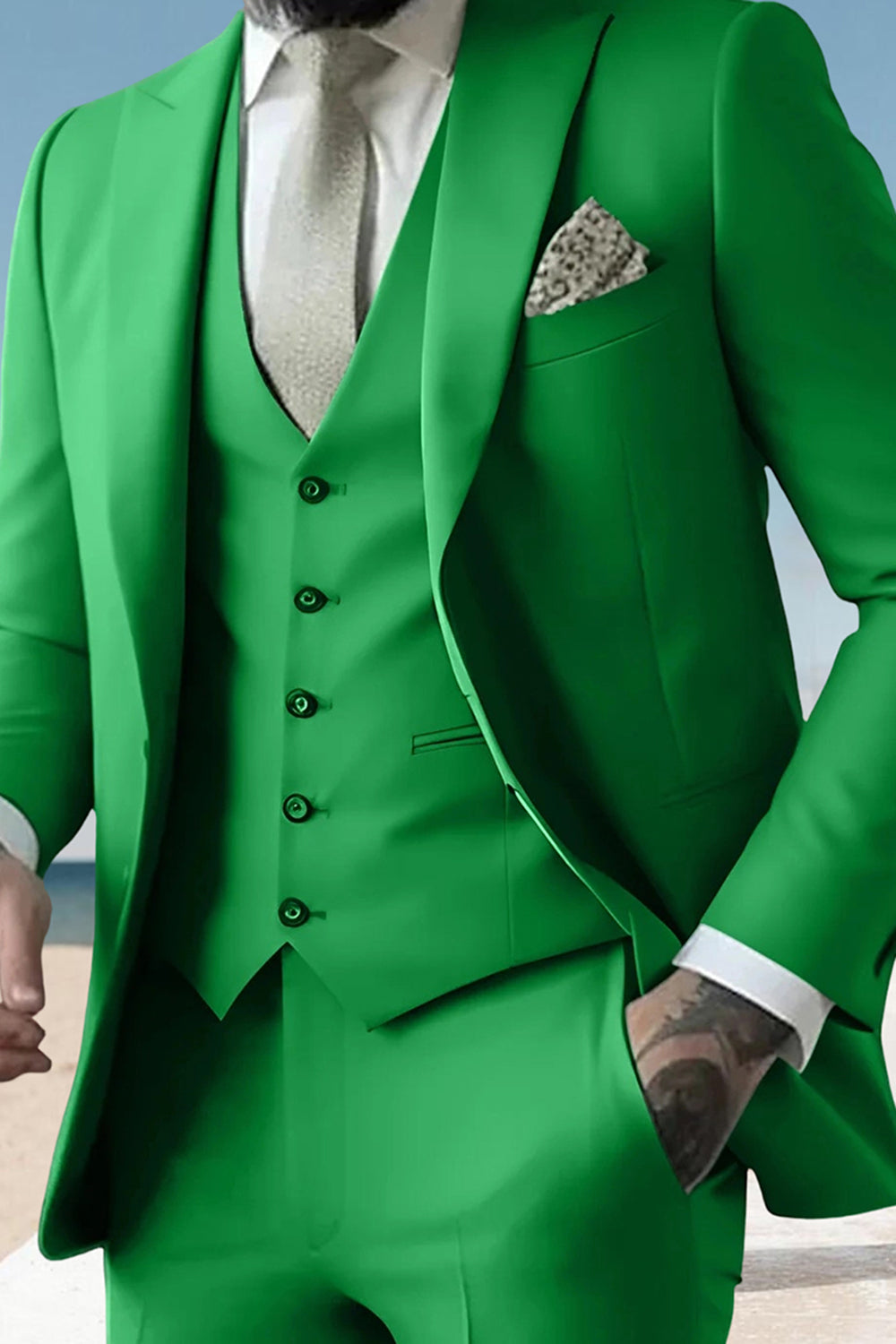 Sage 3 Piece Peak Lapel Single Breasted Men Prom Suits with Pockets