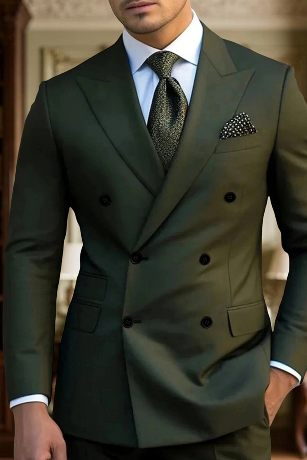 Dark Green 2 Piece Peak Lapel Double Breasted Men Prom Suits with Sleeves