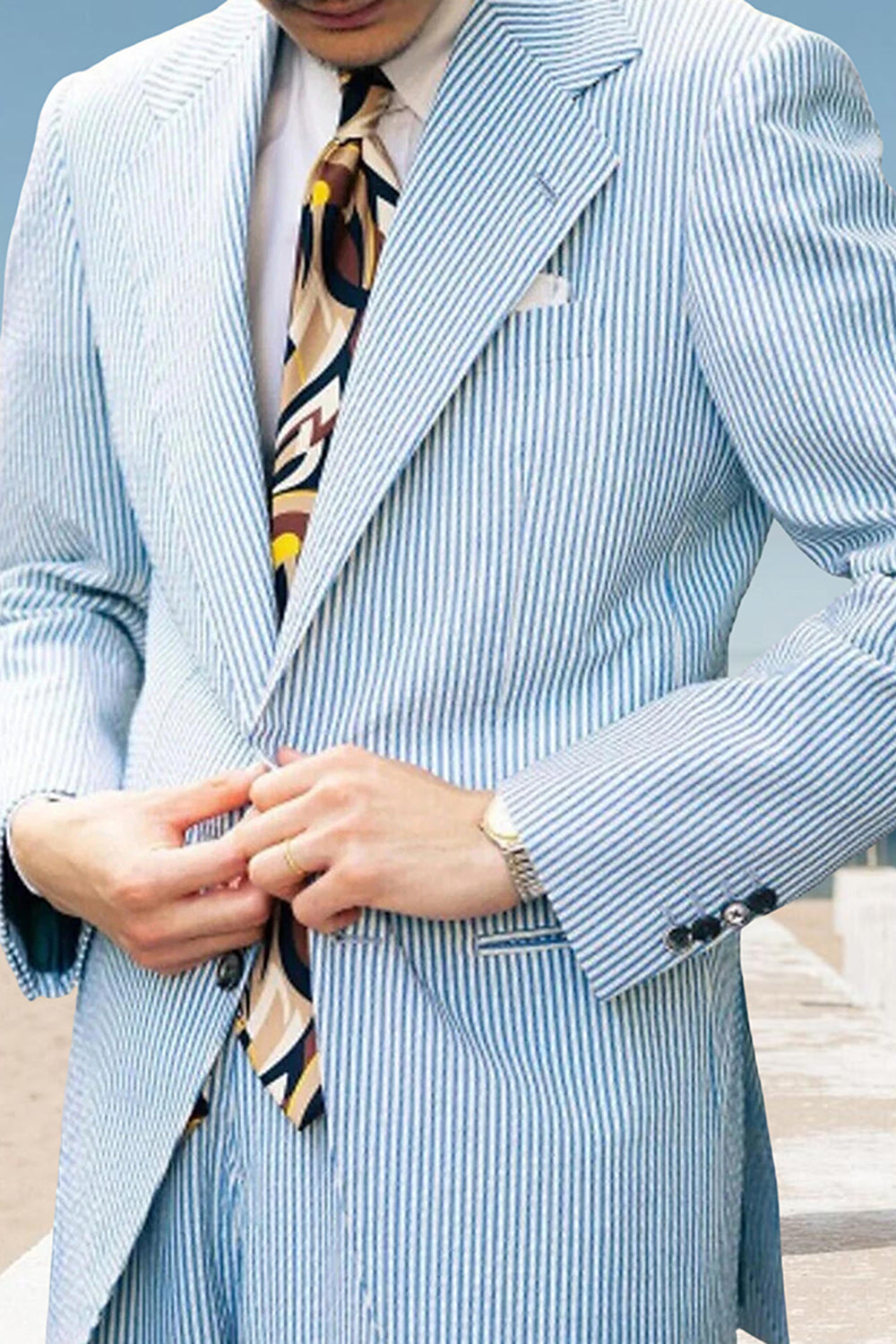 Light Blue Striped 2 Piece Notched Lapel Single Breasted Men Prom Suits