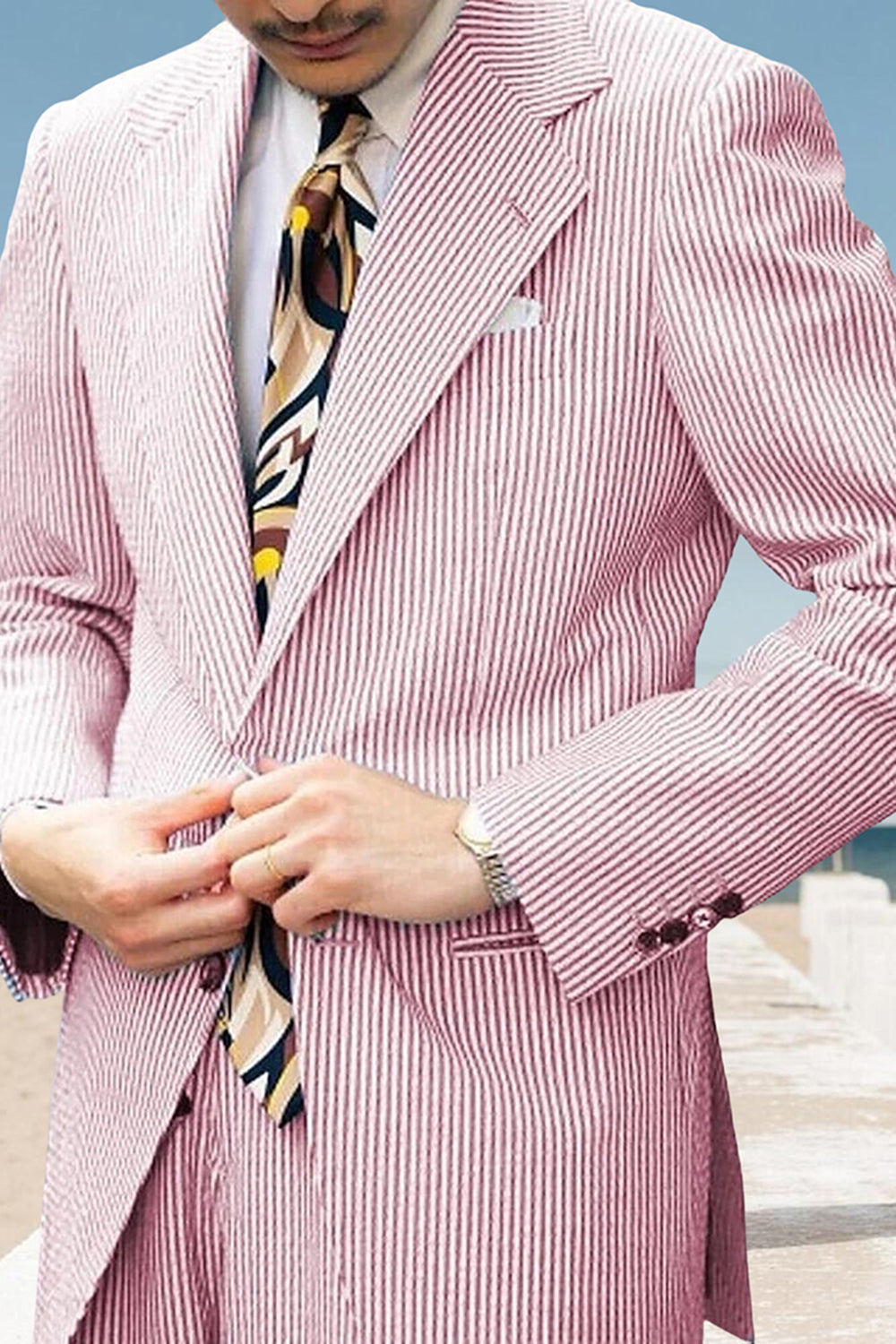 Light Blue Striped 2 Piece Notched Lapel Single Breasted Men Prom Suits