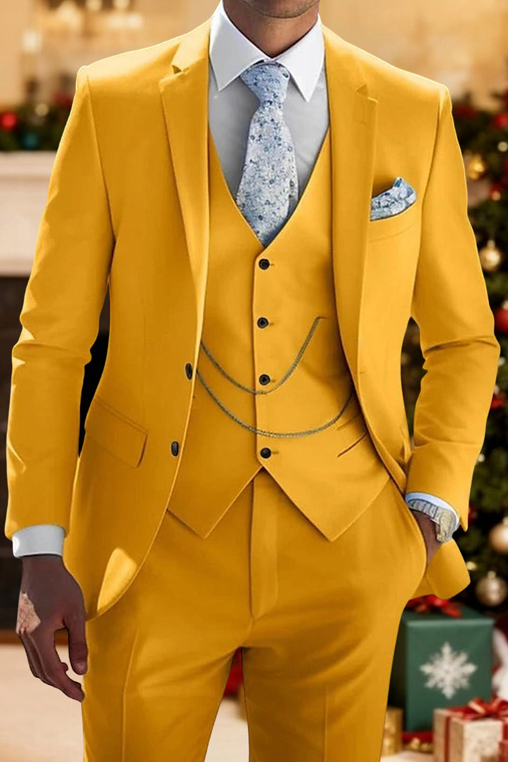 Yellow Notched Lapel Single Breasted 3 Piece Men Prom Suits