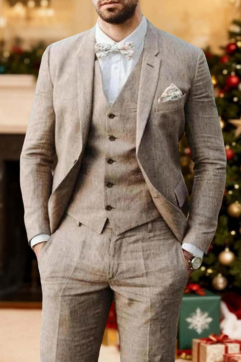 Khaki Single Breasted Notched Lapel 3 Piece Men Prom Suits