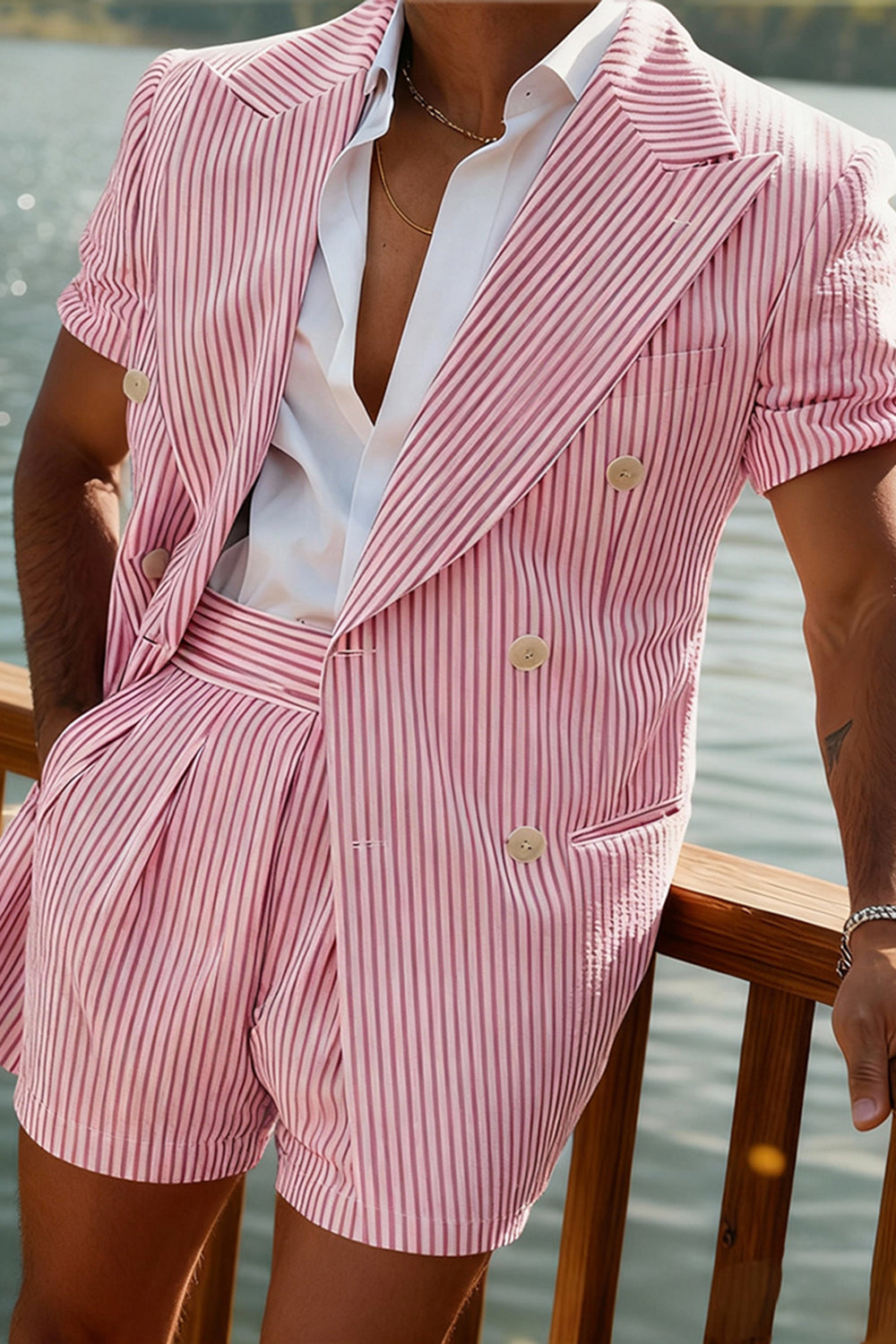 Green Striped 2 Piece Single Breasted Men Prom Suits with Shorts