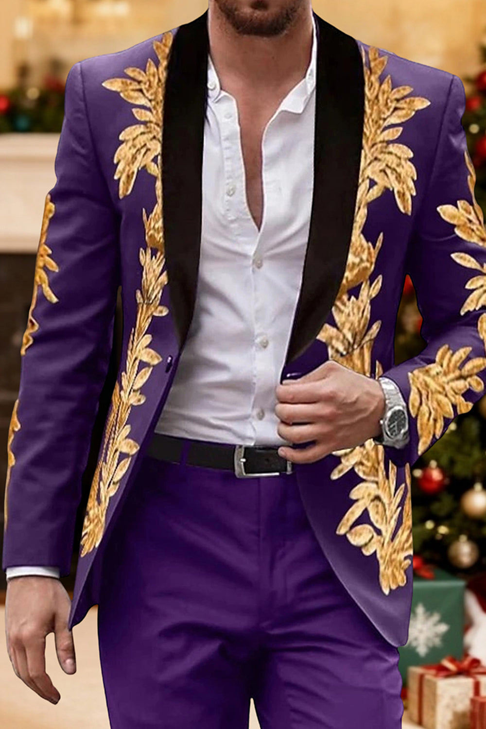 Purple Jacquard 2 Piece Single Breasted Shawl Lapel Men Prom Suits