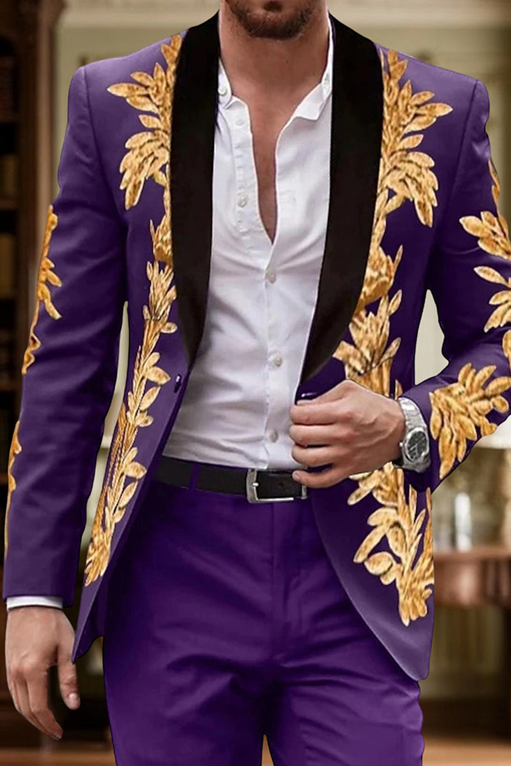 Purple Jacquard 2 Piece Single Breasted Shawl Lapel Men Prom Suits