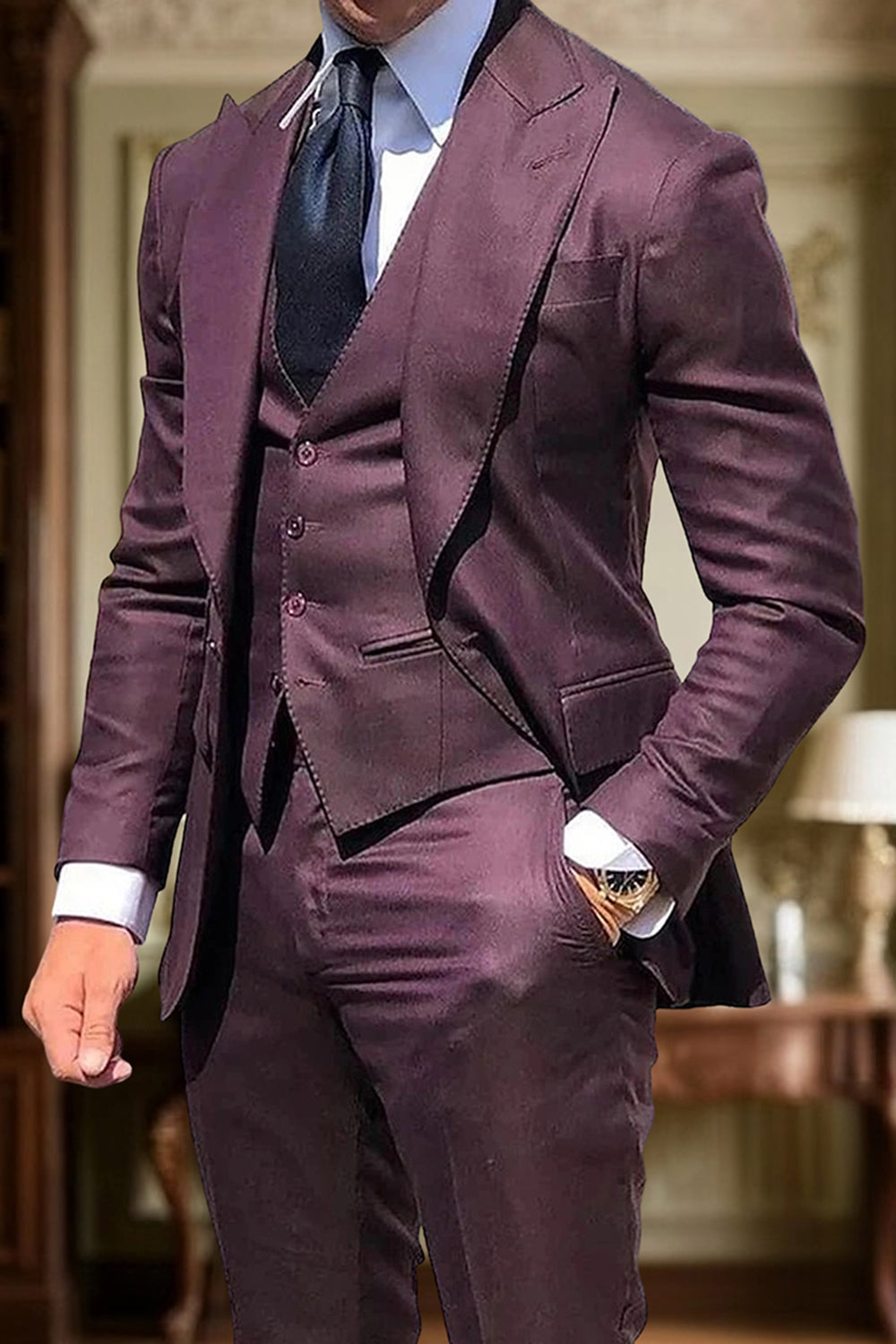 Black Single Breasted Peak Lapel 3 Piece Men Prom Suits