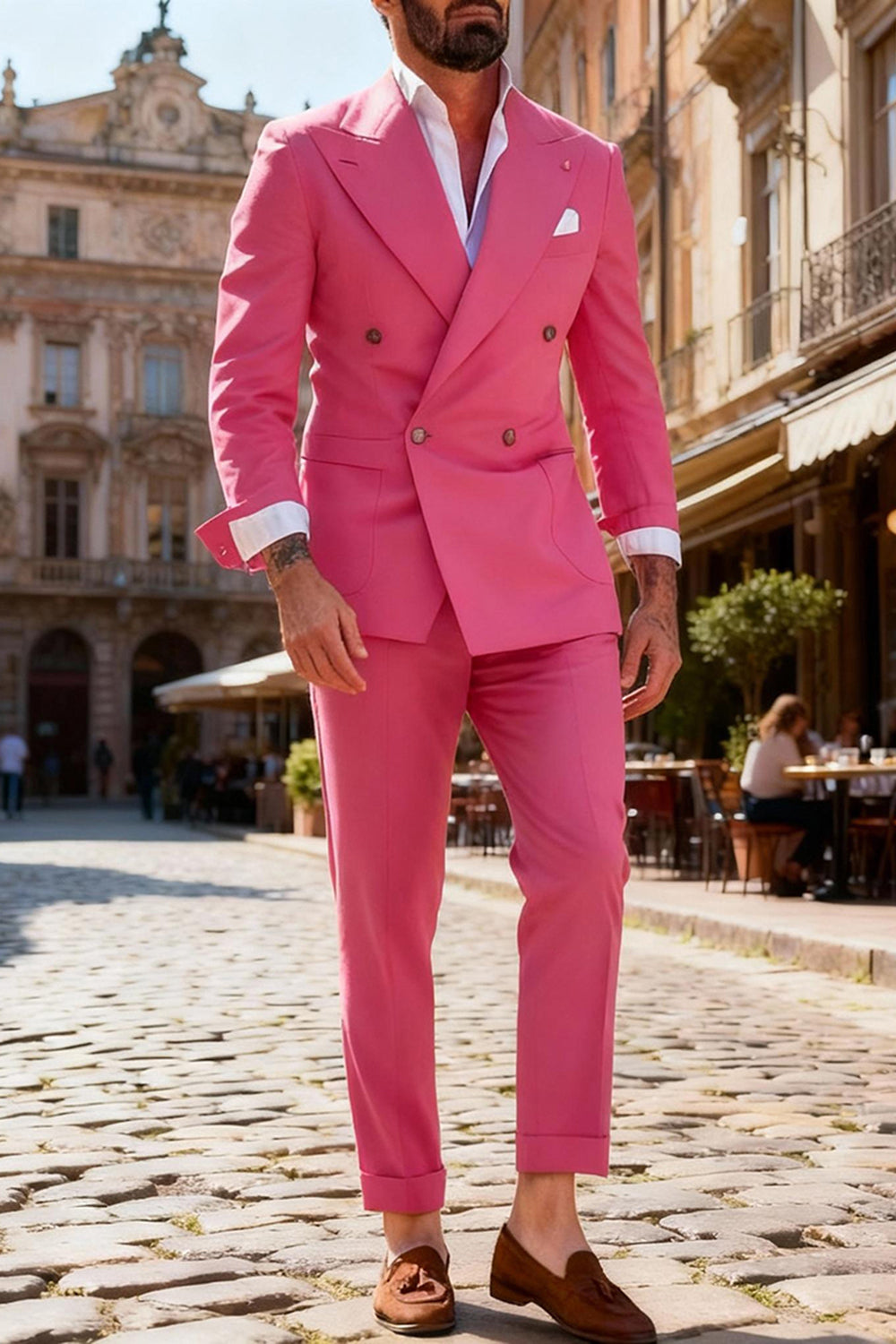 Fuchsia Peak Lapel Double Breasted 2 Piece Men Prom Suits with Sleeves