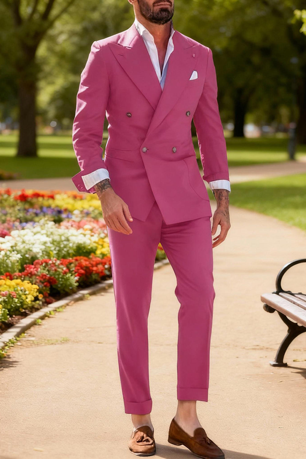 Fuchsia Peak Lapel Double Breasted 2 Piece Men Prom Suits with Sleeves