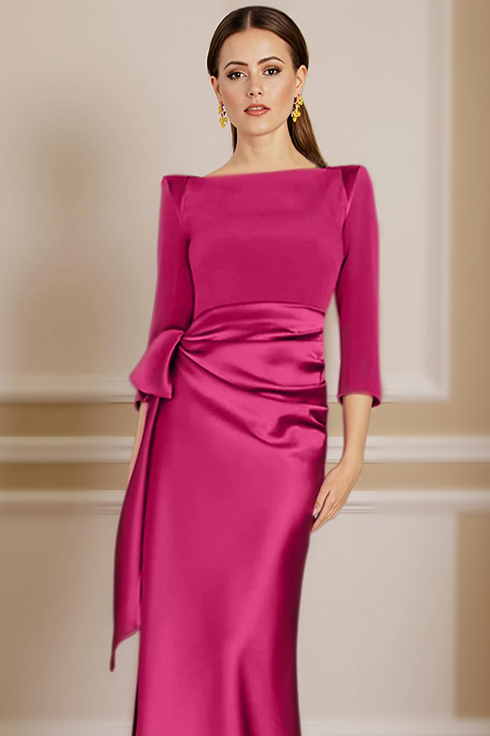 Fuchsia Sheath Bateau Neck Floor-Length Mother of the Bride Dress with Bow