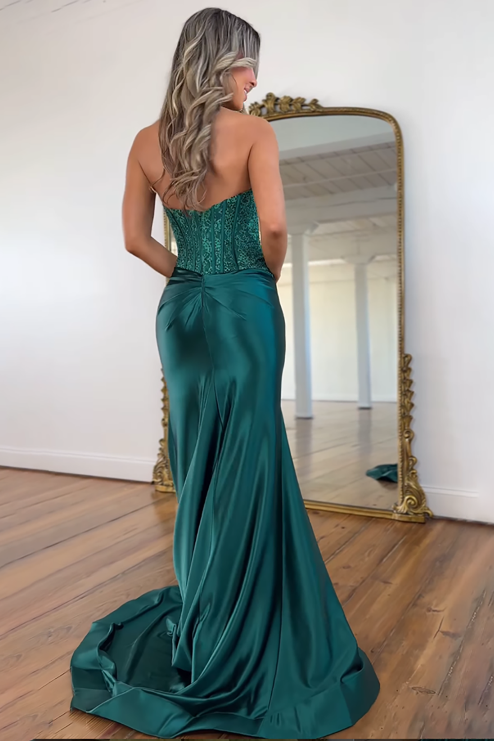 Sparkly Dark Green Corset Mermaid Beaded Long Prom Dress with Slit