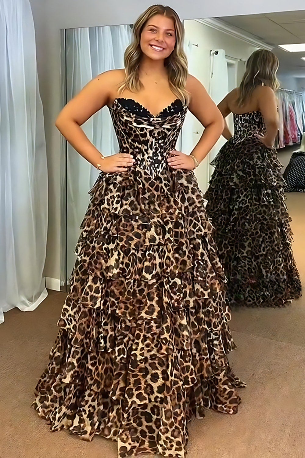 Brown Leopard Corset Ruffled Sweetheart Long Prom Dress with Slit