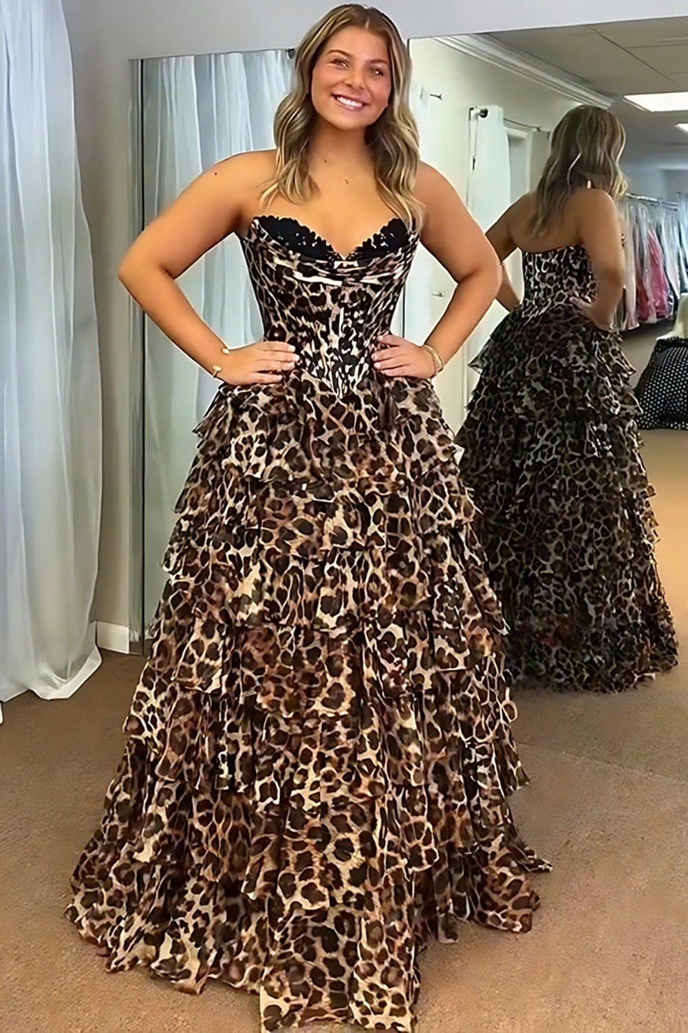 Brown Leopard Corset Ruffled Sweetheart Long Prom Dress with Slit