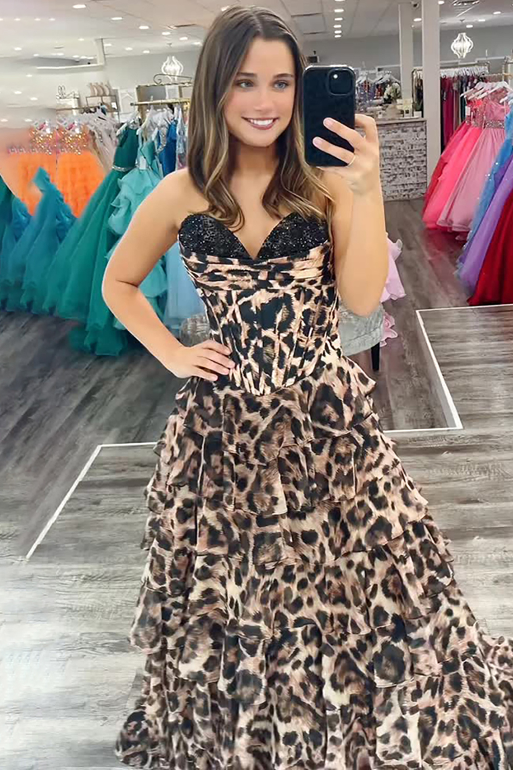 Sparkly Brown Leopard Sweetheart Corset Beaded Long Prom Dress with Ruffles