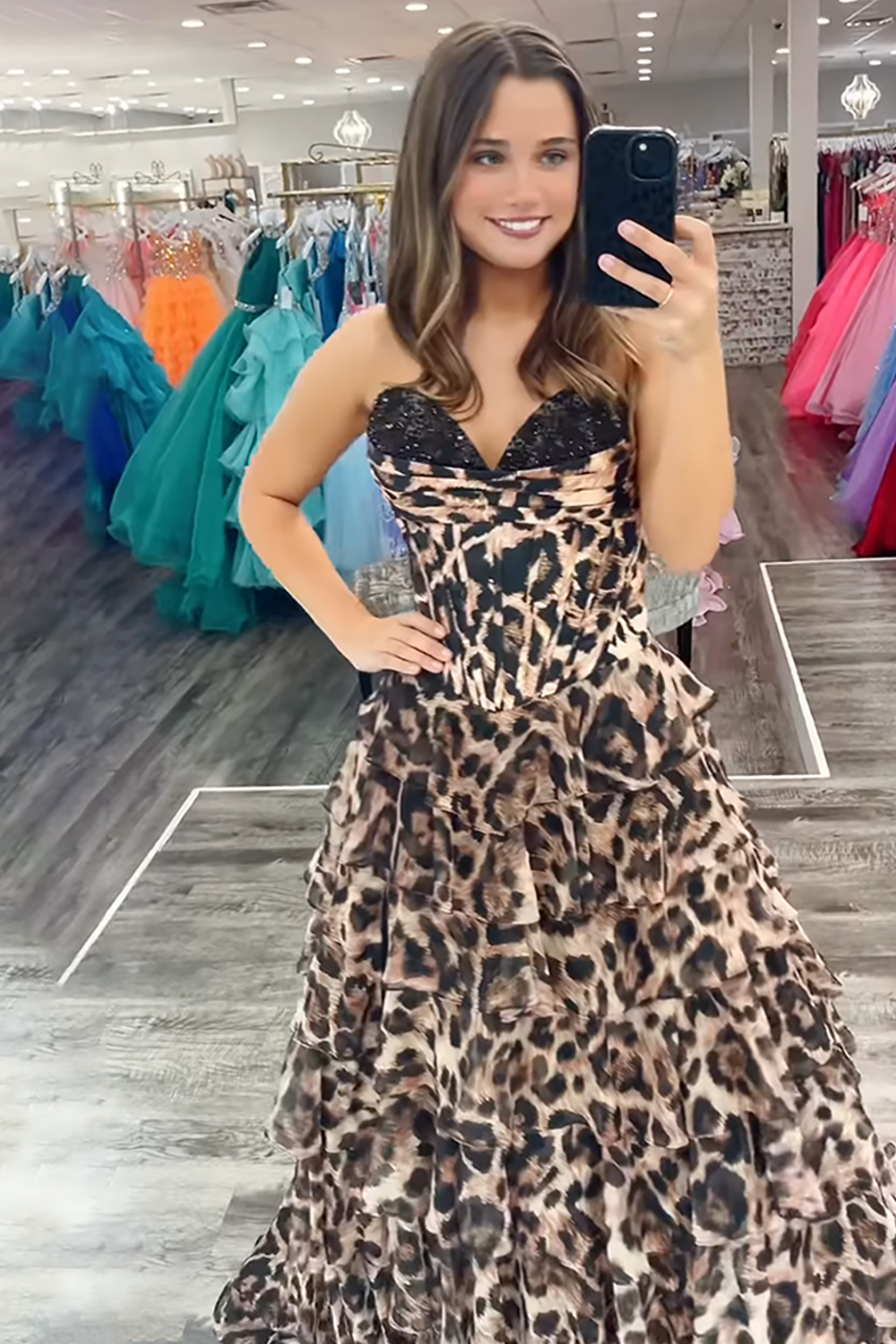 Sparkly Brown Leopard Sweetheart Corset Beaded Long Prom Dress with Ruffles
