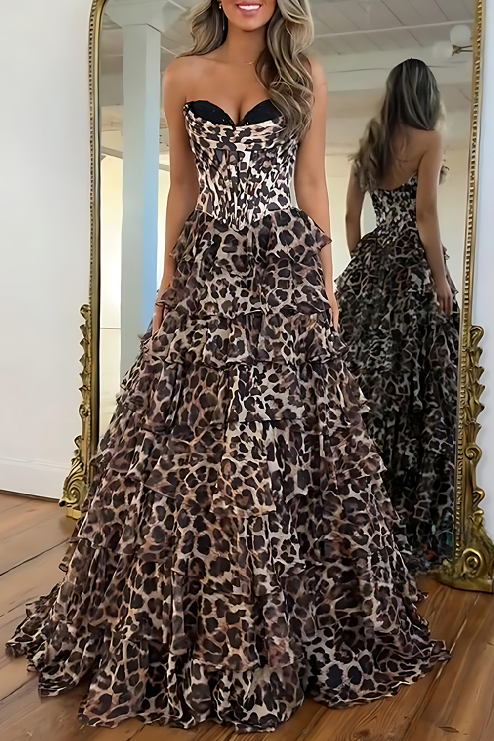 Sparkly Brown Leopard Sweetheart Corset Beaded Long Prom Dress with Ruffles