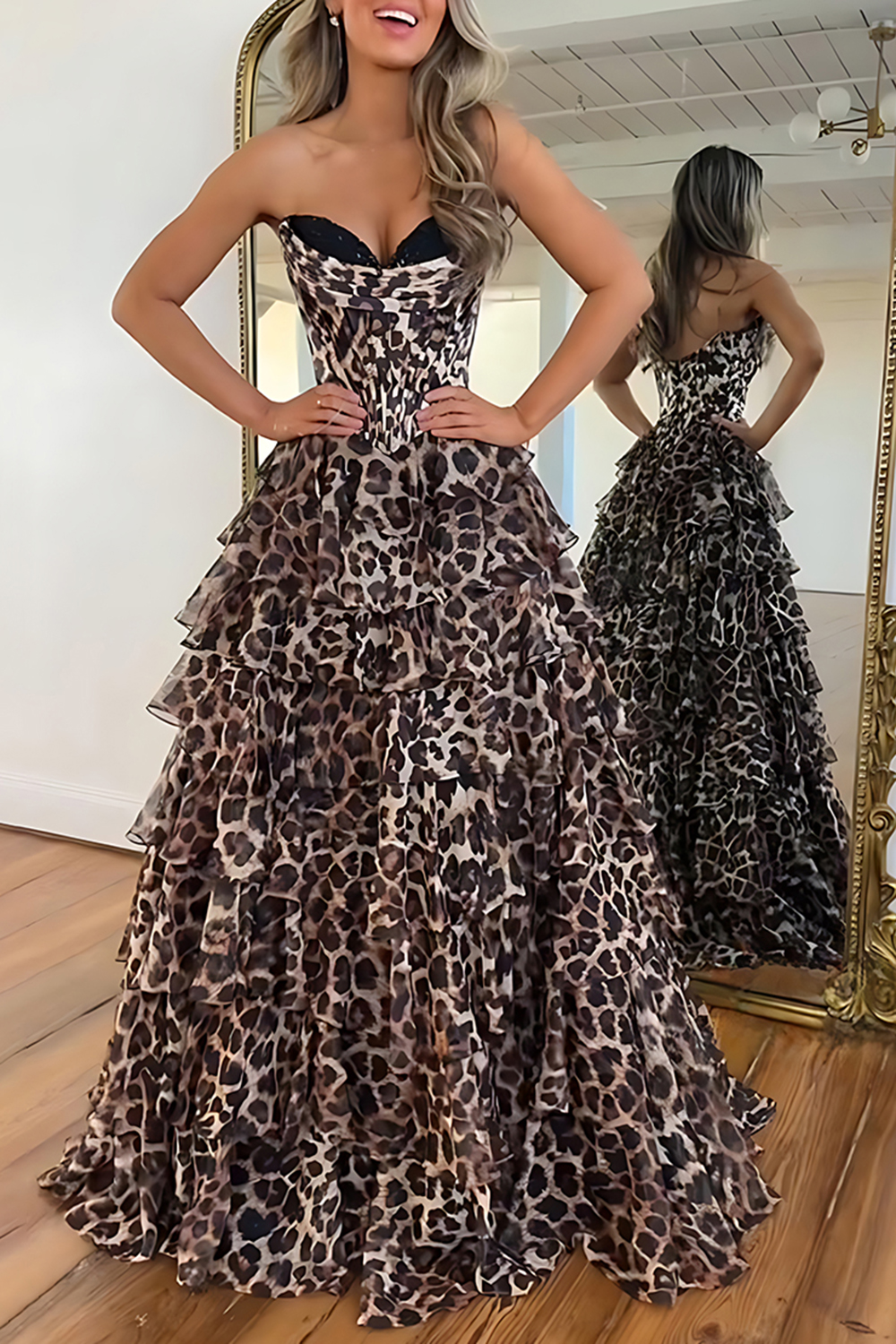 Sparkly Brown Leopard Sweetheart Corset Beaded Long Prom Dress with Ruffles
