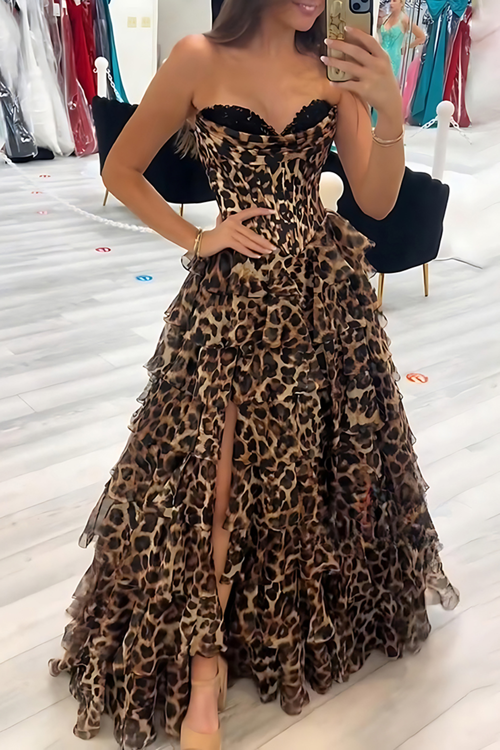 Homrain Women Brown Leopard Corset Ruffled Long Prom Dress with Lace Tiered Sweetheart A Line Ruched Pageant Dress with Slit