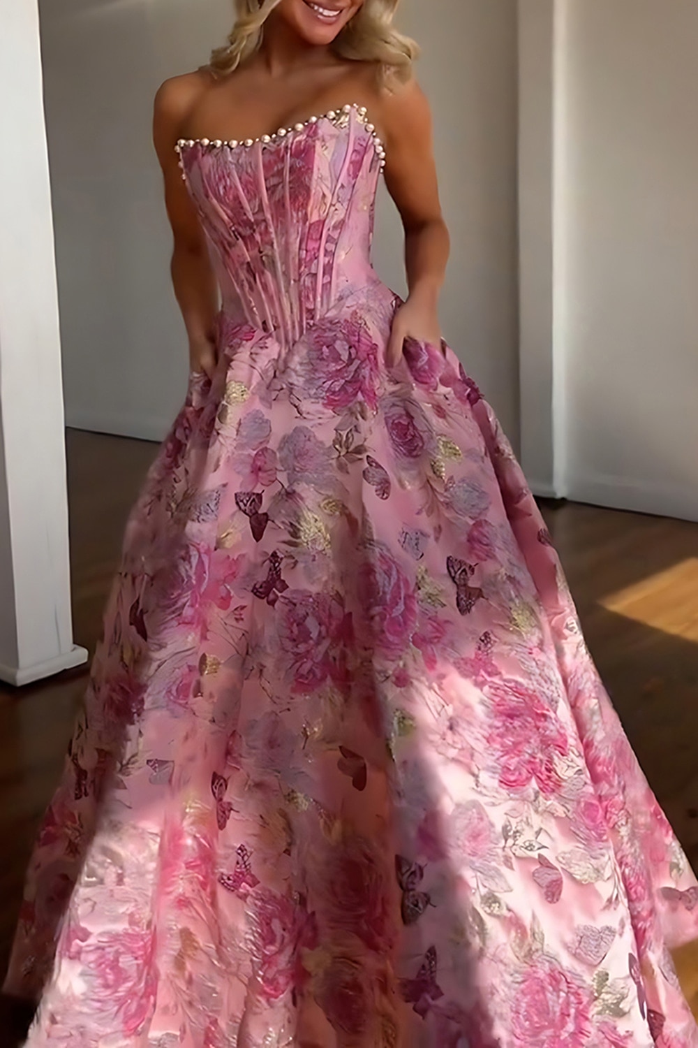 Sparkly Grey Blue Flower Corset Strapless Long Prom Dress with Beading