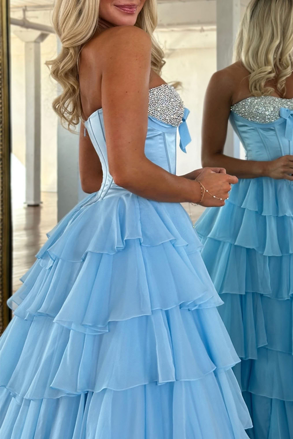 Sparkly Mint Corset Sequins Tiered Ruffled Long Prom Dress with Slit