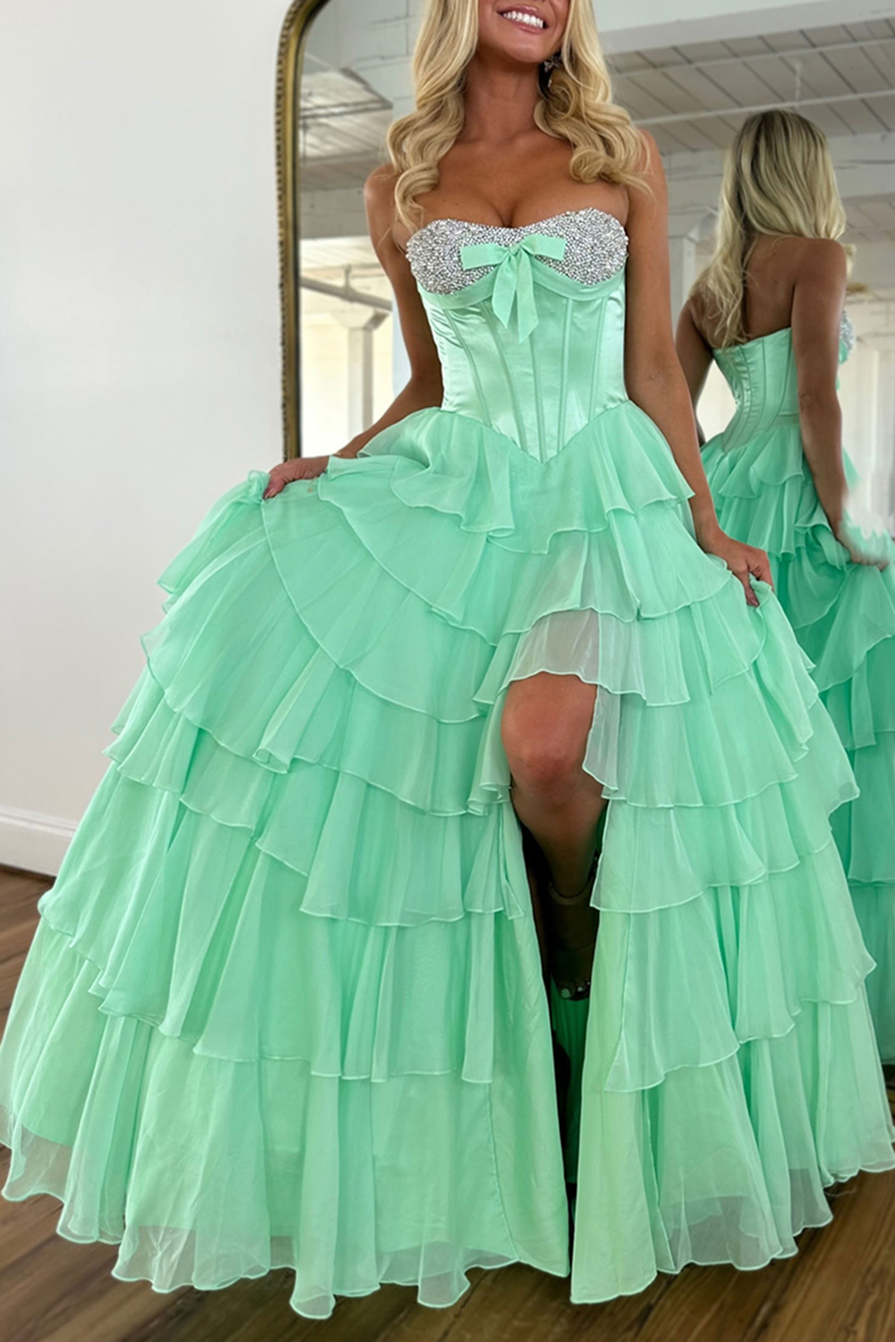 Sparkly Mint Corset Sequins Tiered Ruffled Long Prom Dress with Slit