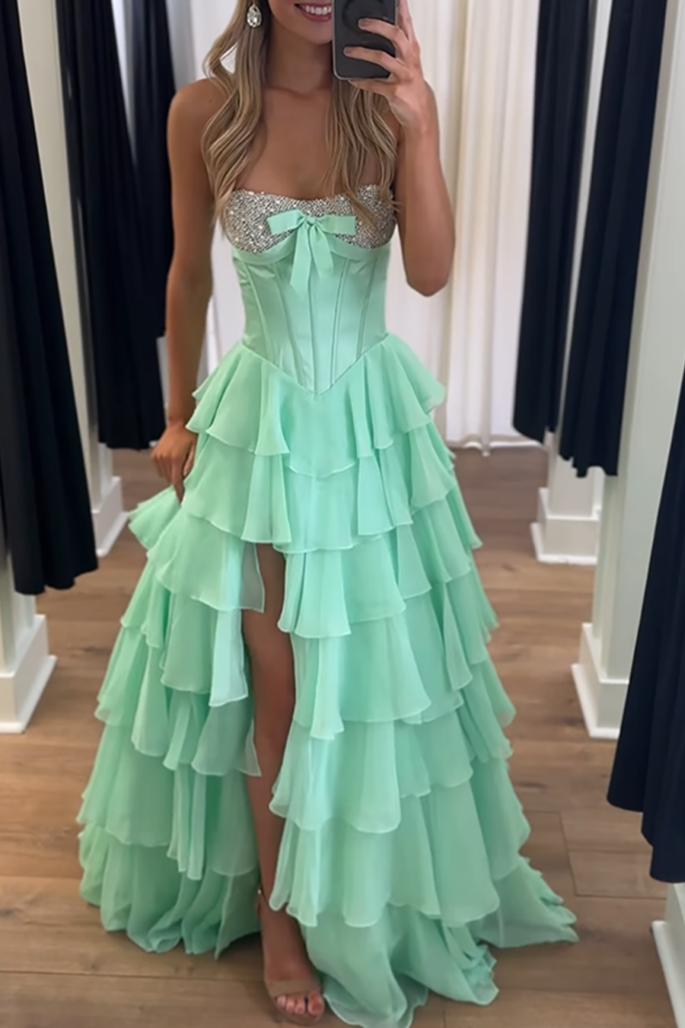 Sparkly Mint Corset Beaded Tiered Ruffled Long Prom Dress with Slit