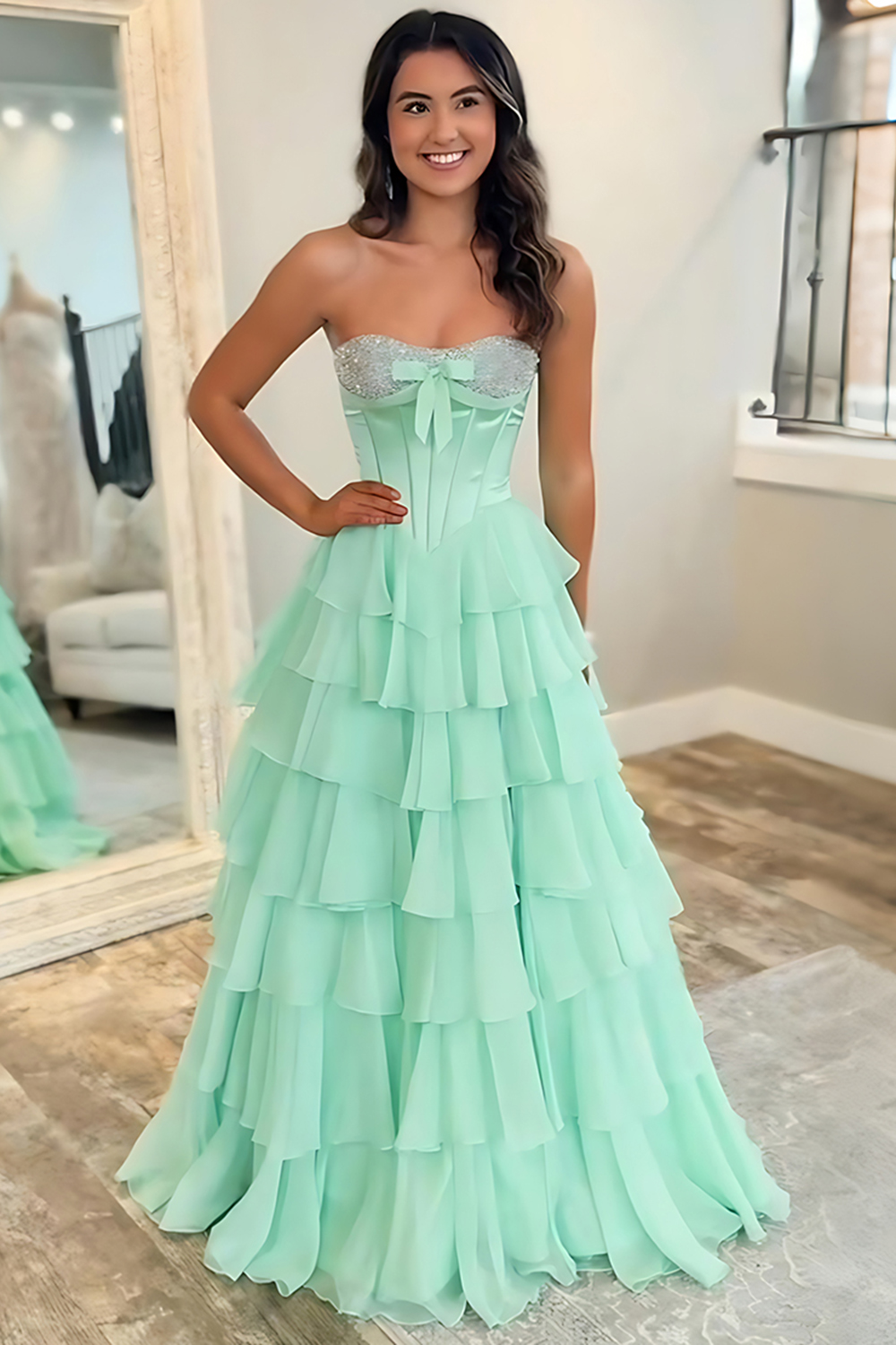 Sparkly Mint Corset Sequins Tiered Ruffled Long Prom Dress with Slit
