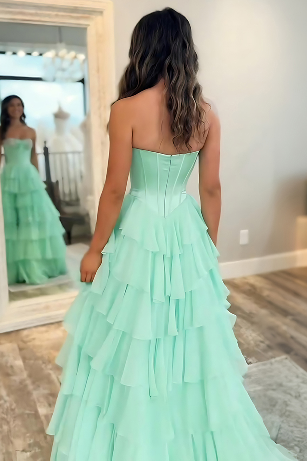 Sparkly Mint Corset Sequins Tiered Ruffled Long Prom Dress with Slit