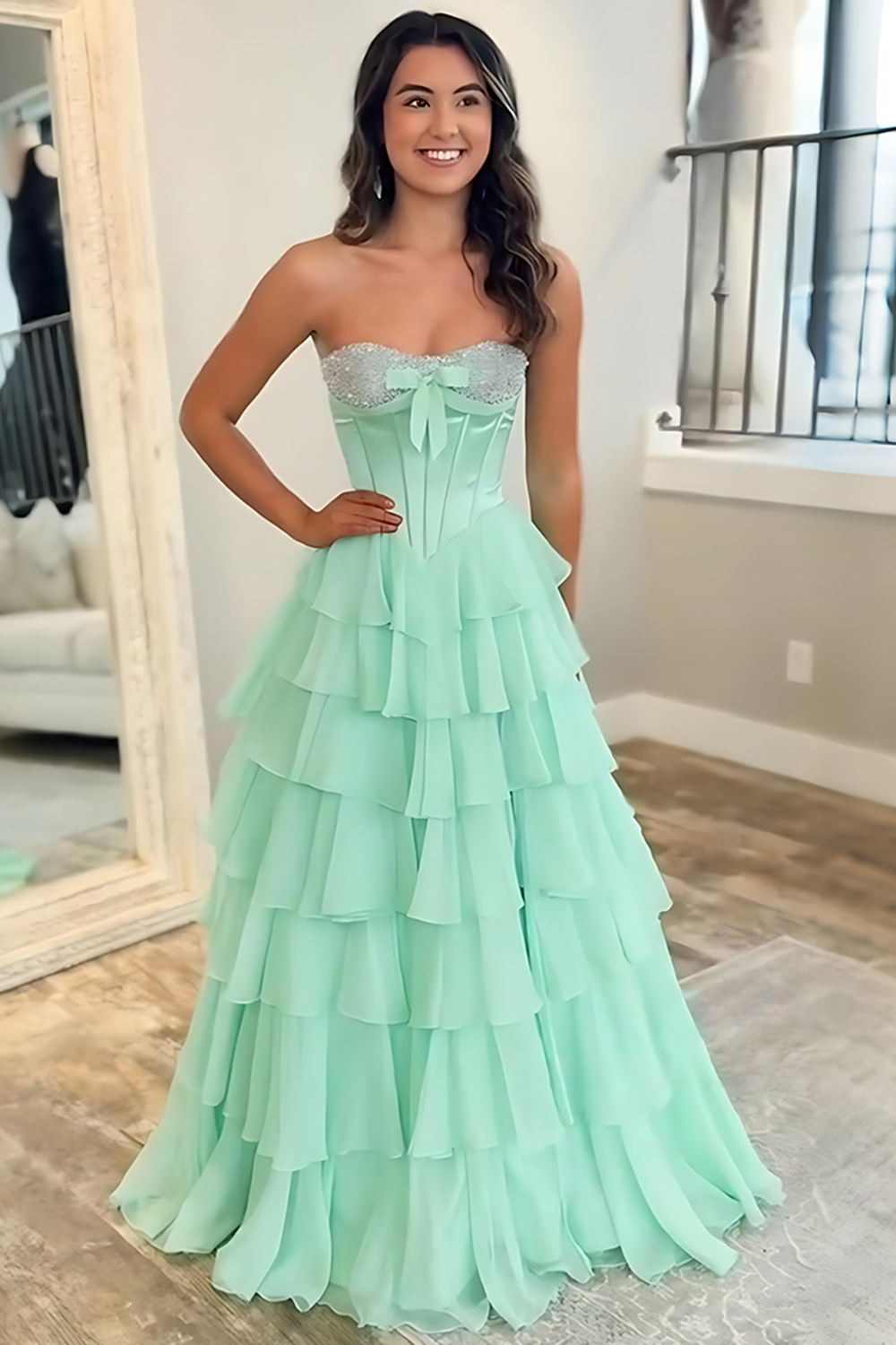 Sparkly Mint Corset Sequins Tiered Ruffled Long Prom Dress with Slit