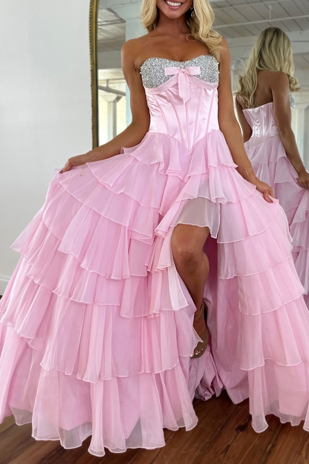 Sparkly Mint Corset Sequins Tiered Ruffled Long Prom Dress with Slit